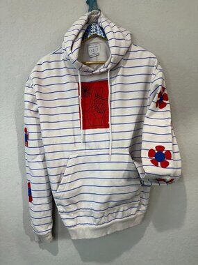Urban Outfitters White Blue Stripe Daisy Peace Hoodie Medium